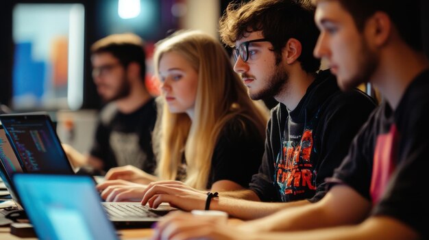 Un taller de programación con un grupo de programadores aprendiendo nuevas técnicas y escritura