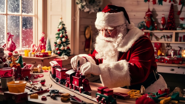 Taller de Santa Una escena caprichosa de Santa y sus elfos ocupados haciendo juguetes enfatizando la magia