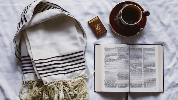 Foto tallit e tefilim e livro na mesa branca