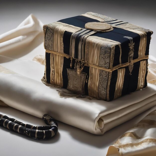 Tallit y tefilín en la mesa blanca de cerca