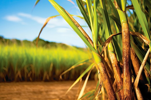 Tallos de caña de azúcar con fondo de plantación de caña de azúcar