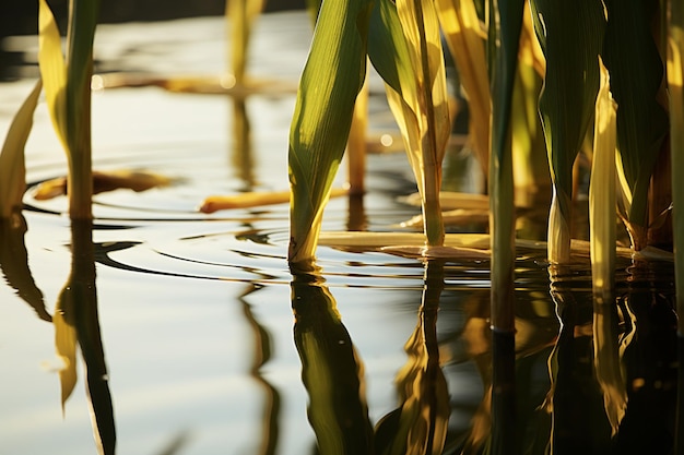 Foto los tallos de maíz se reflejan en las aguas tranquilas de un estanque