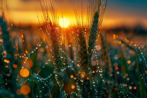 Los tallos de trigo brillan con los rayos del sol que se pone las gotas de agua reflejan la luz