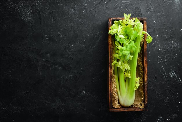 Talo de aipo verde fresco em um fundo preto Comida saudável Vista superior Espaço livre para o seu texto