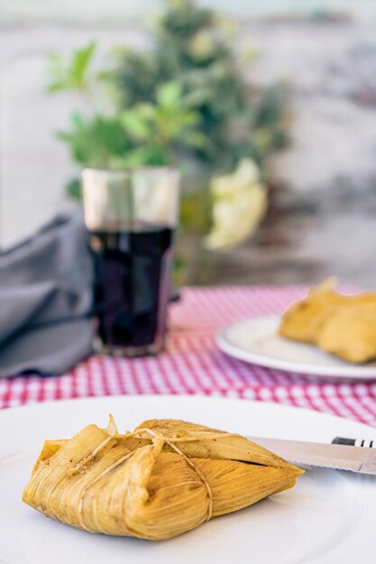 Tamale servido em um prato branco em uma mesa tradicional ao lado de uma taça de vinho tinto. Um típico sanduíche ou farelo latino-americano de fubá e carne. Comida tradicional andina. Copie o espaço