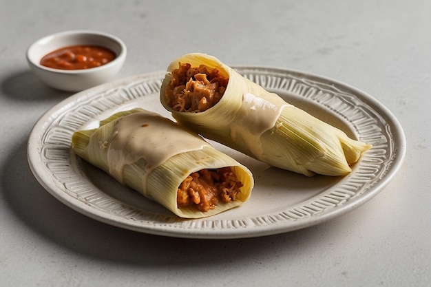 Foto tamales com um lado de molho de creme de chipotle