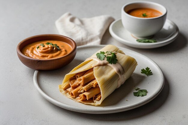 Foto tamales com um lado de molho de creme de chipotle