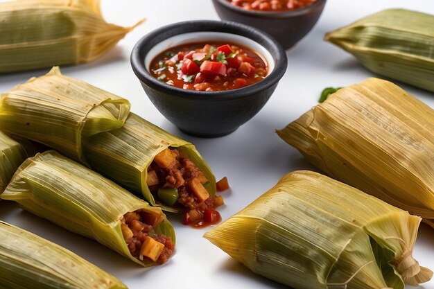 Foto tamales com um lado de salsa chipotle