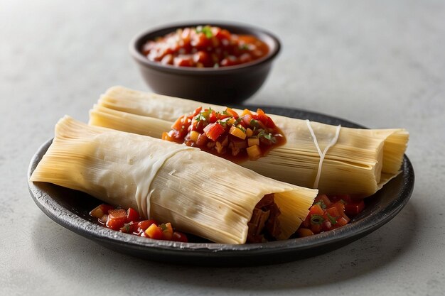 Foto tamales com um lado de salsa chipotle