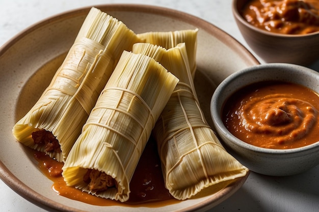 Foto tamales com uma tigela de molho de chipotle