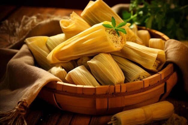 Tamales, comida típica mexicana feita de milho em uma mesa de madeira