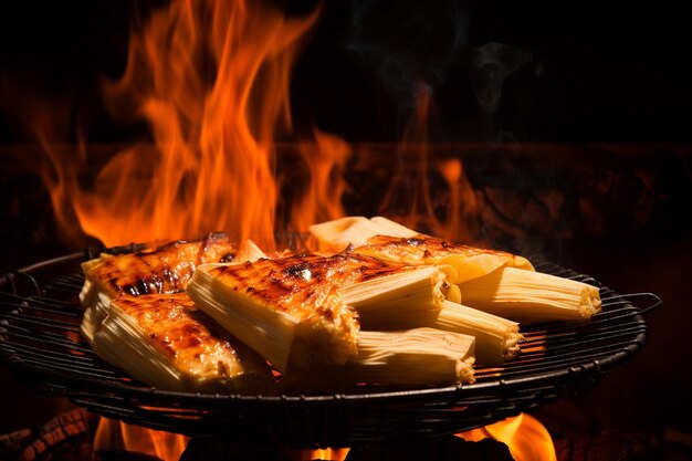 Tamales cozinhando sobre uma chama aberta em uma grelha