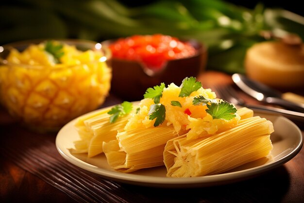 Tamales, die mit einem würzigen Avocadolime-Dressing serviert werden