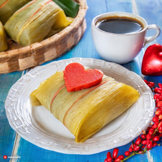 tamales e uma chávena de café com um coração vermelho