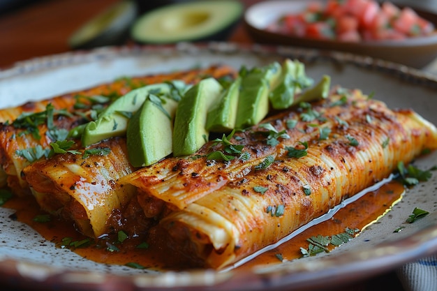 Foto tamales gourmet con salsa de chipotle picante y rebanadas de aguacate