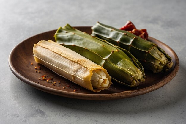 Foto tamales con un lado de nopal a la parrilla