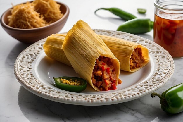 Foto tamales con un lado de pan de maíz jalapeo