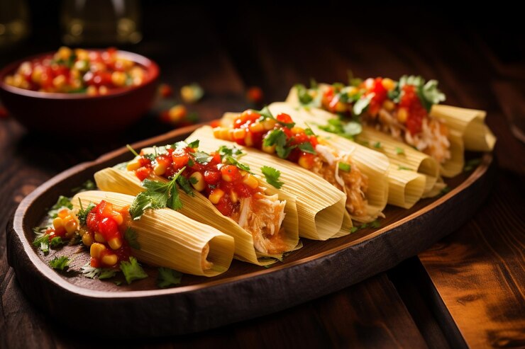 Foto tamales con maíz dulce y salsa de cilantro fresco