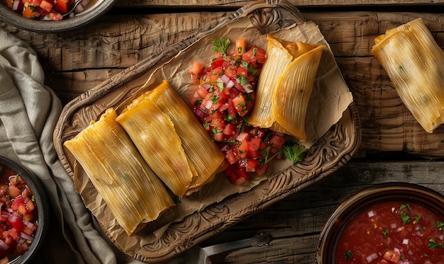Tamales en una mesa de madera rústica