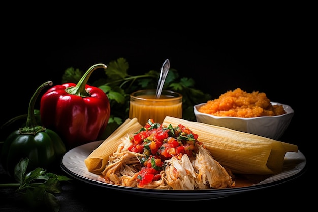 Foto tamales servidos con un lado de aderezo picante de aguacate y lima