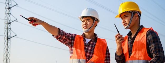 Tamanho do banner Dois engenheiros discutem e apontam para um canteiro de obras Liderança de trabalho em equipe