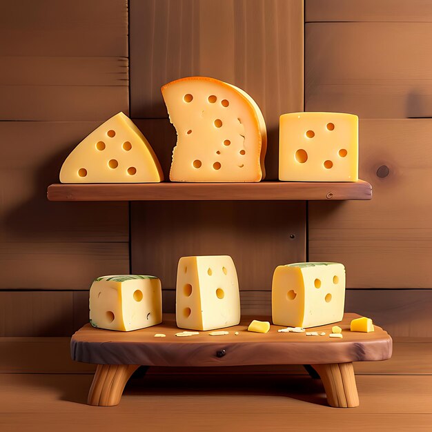 Tamanhos diferentes de deliciosos pedaços de queijo em uma velha placa de madeira rústica generativa AI