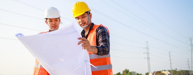 Tamaño de pancarta Dos ingenieros discuten el proyecto dibujando en el sitio de construcción Trabajo en equipo Liderazgo