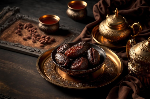 Tâmaras O café turco HURMA é servido com uma apresentação de tâmaras secas Fruta popular do Ramadã