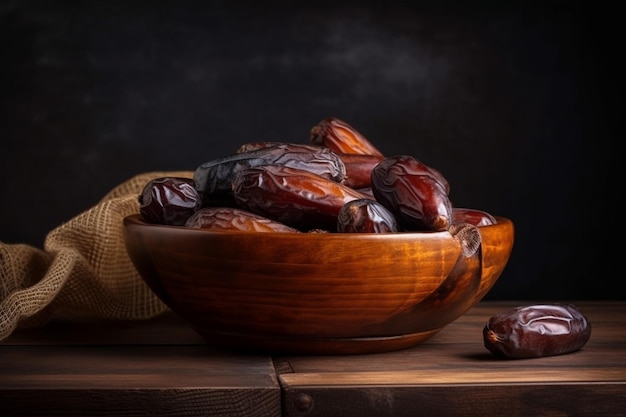 Foto tâmaras secas em uma tigela com um chapéu na mesa