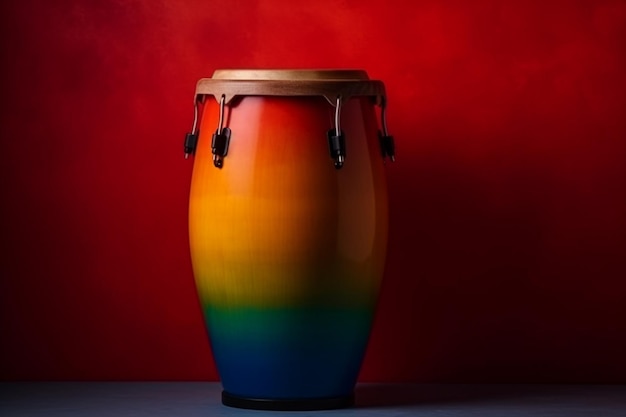 Foto un tambor de arcoíris se muestra sobre un fondo rojo.