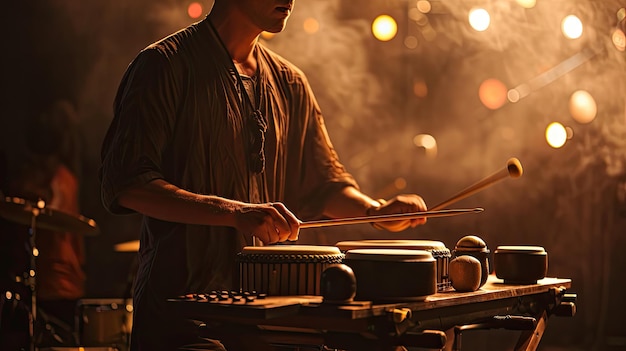 El tambor de un hombre en una habitación débilmente iluminada crea melodías rítmicas