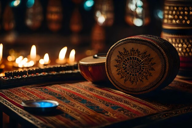 Foto un tambor y una vela están en una mesa con una vela en el fondo