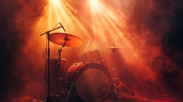 Foto tambores modernos futuristas en el escenario con humo de colores y fondo de iluminación imagen generada por ia