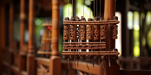 Tamborín de madera en el templo japonés enfoque selectivo