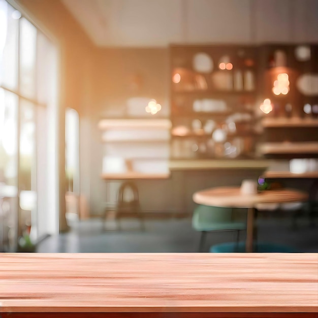 Tampo da mesa de madeira com desfoque de fundo do restaurante de café minimalista moderno Maquete de exibição do produto