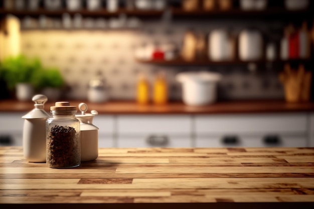 Tampo da mesa de madeira com fundo de uma sala de cozinha em desfoque para apresentação do produto de montagem