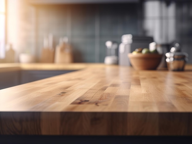 Tampo da mesa de madeira com fundo desfocado do interior da cozinha Modelo de demonstração do produto Imagem generativa de IA