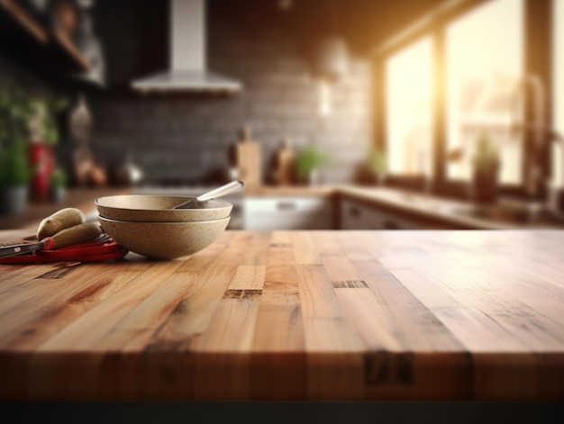 Tampo da mesa de madeira com fundo desfocado do interior da cozinha Modelo de demonstração do produto Imagem generativa de IA