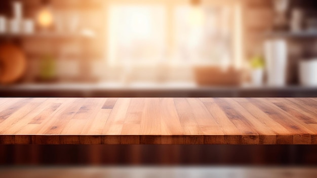 Tampo da mesa de madeira com fundo desfocado vazio desfocado do ilustrador de IA generativa da cozinha