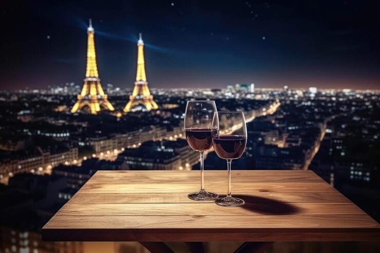 Foto tampo da mesa de madeira com um copo de vinho com uma paris turva no fundo