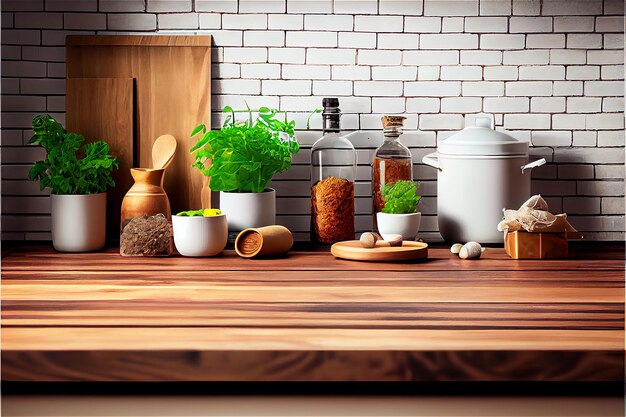 Tampo da mesa de madeira em uma cozinha com ferramentas culinárias e ingredientes para fundos de preparação de alimentos