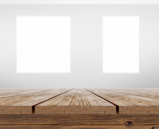 Tampo da mesa de madeira na renderização 3d de fundo de interiores modernos da sala