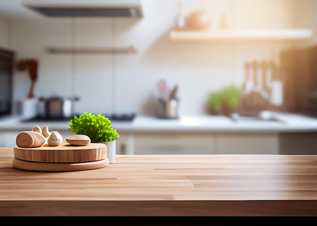 Foto tampo da mesa de madeira sobre fundo desfocado do balcão da cozinha para exibição do produto de montagem ai generated