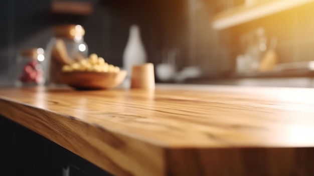 Tampo da mesa de madeira sobre fundo desfocado do balcão da cozinhaPara exibição do produto de montagem