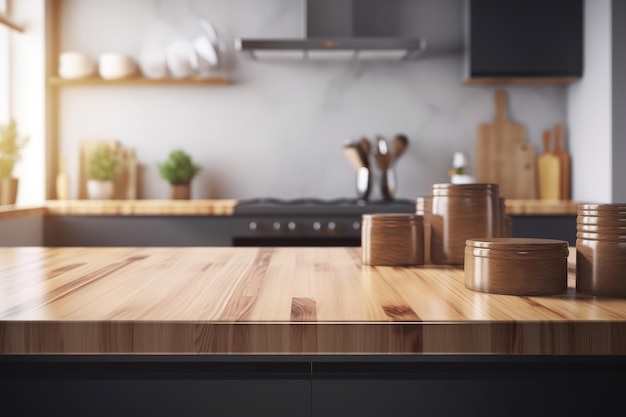 Tampo da mesa de madeira sobre o fundo da sala de cozinha desfocado gerado por IA
