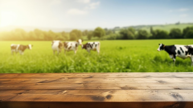Tampo da mesa de madeira vazio com campo de grama e vacas no fundo
