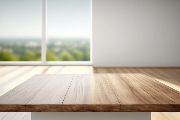 Tampo da mesa de madeira vazio com interior de quarto desfocado com fundo de janela
