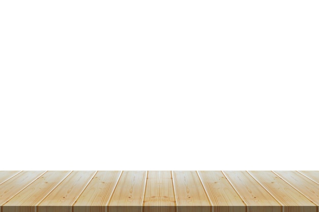 Tampo da mesa de madeira vazio isolado no fundo branco para montagem da exposição do produto