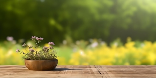 Tampo da mesa de madeira vazio sobre fundo verde turvo do jardim da natureza Para montagem de exibição do produto