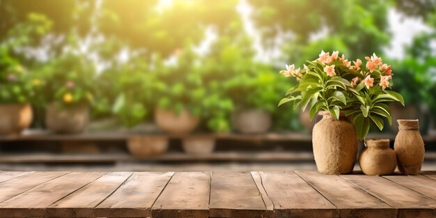 Tampo da mesa de madeira vazio sobre fundo verde turvo do jardim da natureza Para montagem de exibição do produto